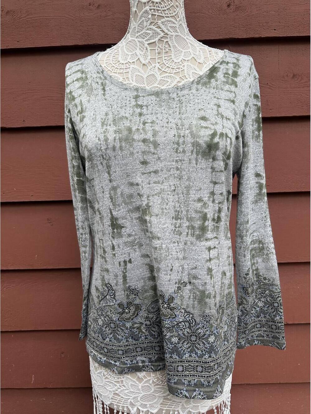 One World‎ Boho Y2K Tunic Top Gray Olive Paisley Long Sleeve Festival